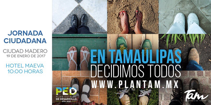 Participa en la Jornada Ciudadana del Plan Estatal de Desarrollo que se realizará en Ciudad Madero. Más información plantam.mx.