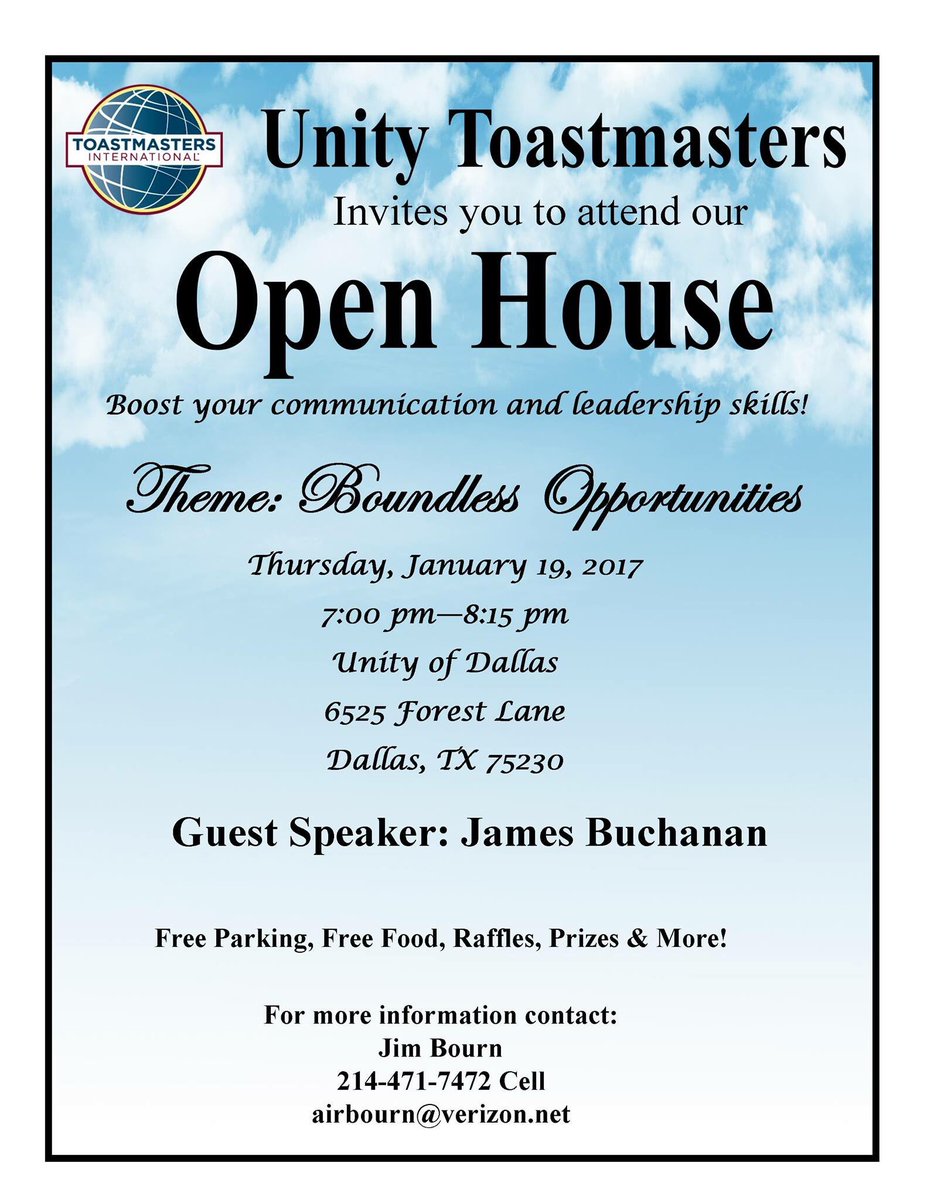 UnityDallas's tweet photo. Tomorrow 7PM Unity Toastmasters Open House*Boundless Opportunities!#Toastmasters #raffle #prizes #freefood #unityofdallas #leadership https://t.co/BsF5sjFckK