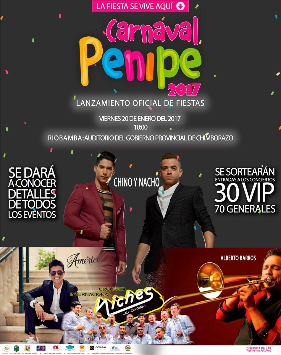 GadPenipe's tweet photo. La fiesta en #Penipe se enciende este jueves 19 y viernes 20 de enero con el lanzamiento oficial de las fiestas de #CarnavalPenipe2017. https://t.co/a1Kl13PVuv