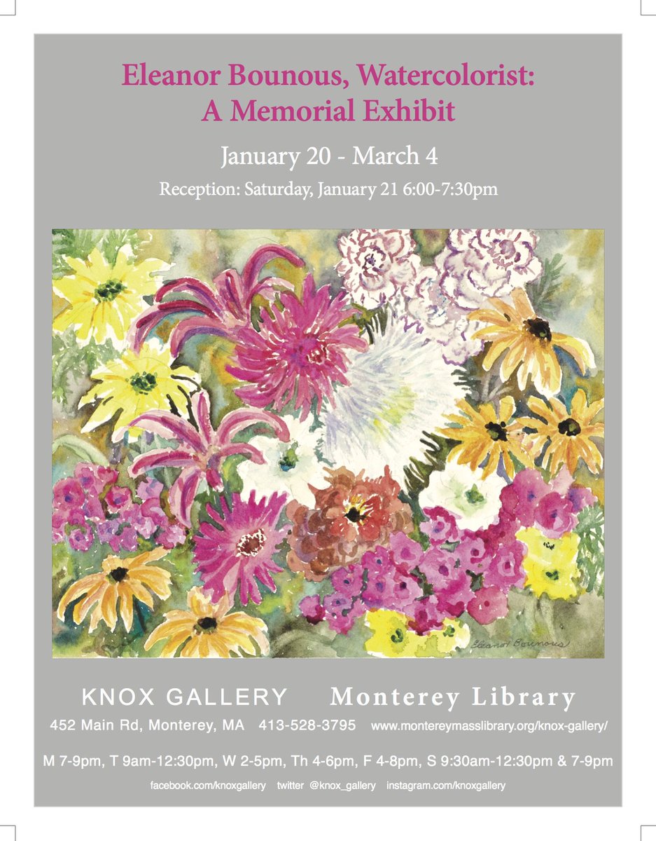 Knox_Gallery's tweet photo. Please join us this Saturday, January 21, 6-7:30pm for the opening reception
 Eleanor Bounous #Watercolors! #Color #Berkshires #landscape https://t.co/ax35kSRZ3M