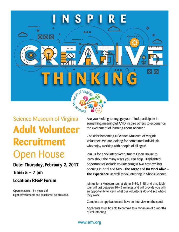 SWE Richmond (@swe_rva) on Twitter photo The <a href="/ScienceMusofVA/">Science Museum of Virginia</a> is looking for STEM-knowledgeable volunteers. To learn more, check out their open house on February 2. The <a href="/ScienceMusofVA/">Science Museum of Virginia</a> is looking for STEM-knowledgeable volunteers. To learn more, check out their open house on February 2.