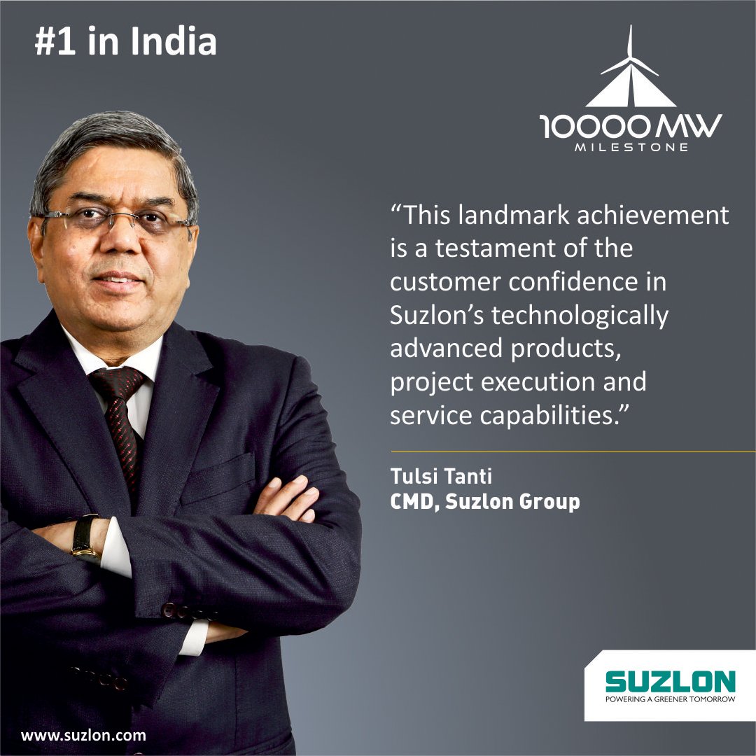 Suzlon's tweet photo. We thank our customers and investors for making us #1inIndia and placing thier trust in us making us stronger with #10000MW installation. https://t.co/vrgvAS2x68