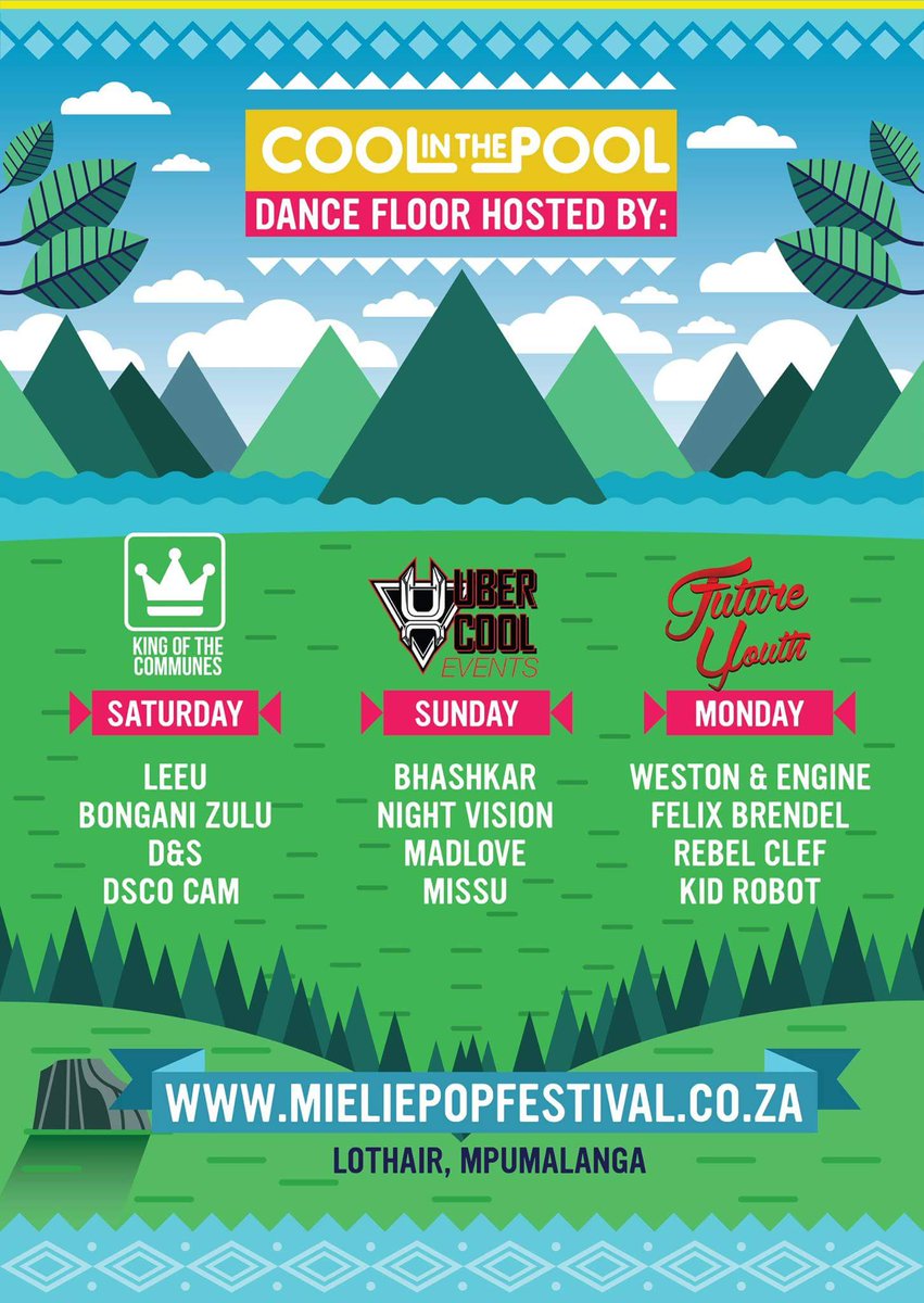 Friends of #MielieRepublic
Please salute your Cool in the Pool line up featuring Weston &amp; Engine &amp; more
Ticket link: bit.ly/2fiAbbM