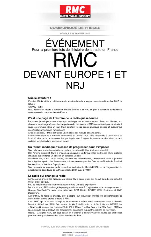 ÉVÉNEMENT ! Pour la 1ère fois de l'histoire de la Radio en France, RMC devant Europe1 et NRJ ! MERCI à tous ! 🎉🎙📻