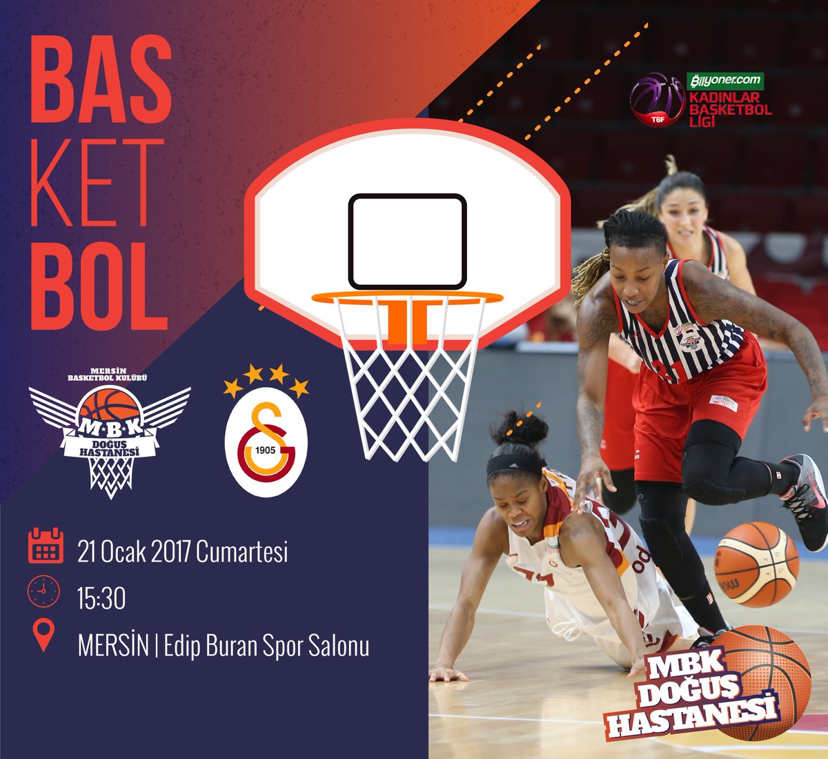 HAYDİ MAÇA!
⛹️‍♀️MBK DOĞUŞ HASTANESİ - <a href="/GSBasketbol/">Galatasaray MCT Technic</a> 
📅21 Ocak 2017 Cumartesi 
⏰15:30
⛳️MERSİN | Edip Buran Spor S