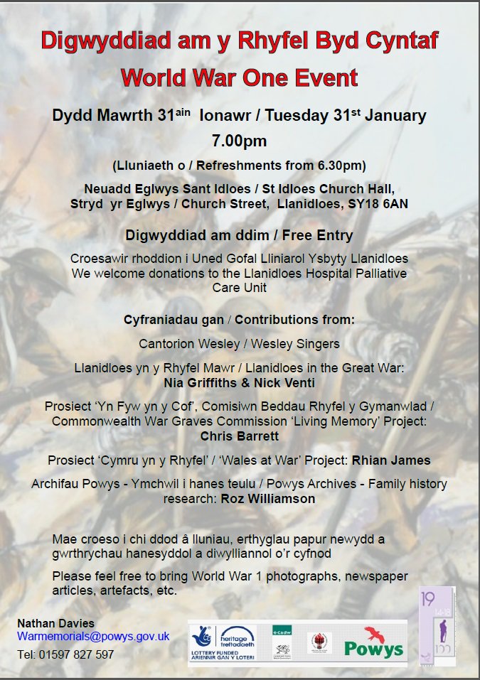 walesatwar's tweet photo. Join us for an interesting evening in Llanidloes with the Powys War Memorials Project on 31 January, 7pm. Open to all. #WW1 @walesremembers https://t.co/QQPRvsP3tx