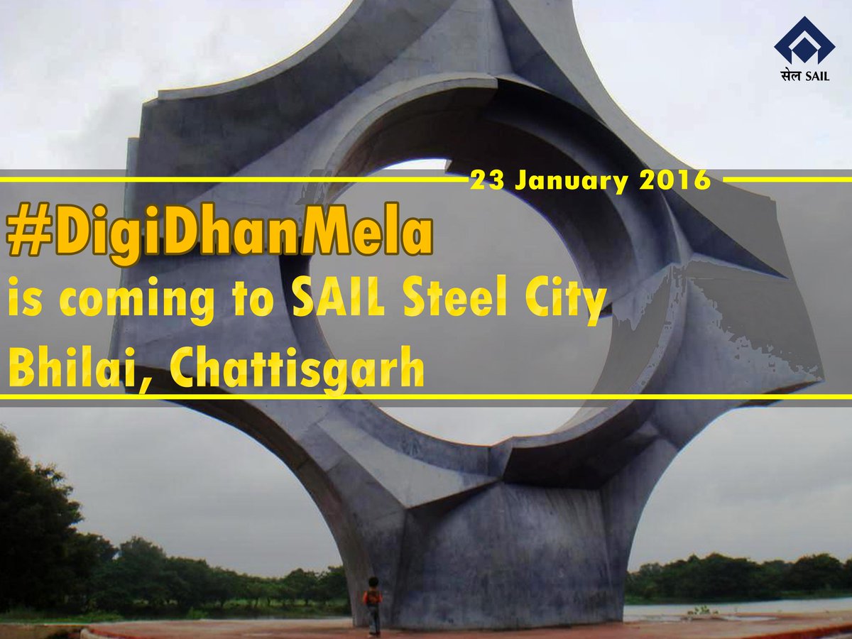 SAILsteel's tweet photo. 23 January 2017
#DigiDhanMela is coming to SAIL #Steel City, #Bhilai #Chattisgarh 
#SAILtransformingIndia #DigiSAIL https://t.co/dzuWmjC9db