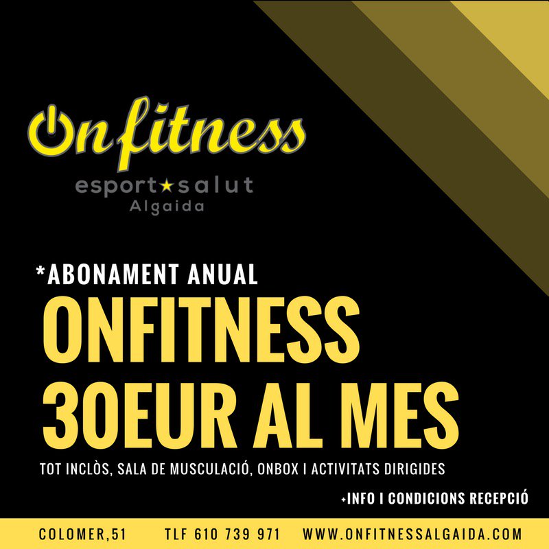 onfitnessalg's tweet photo. Ara Onfitness per tan sols 30 € al mes, consulta condicions #moltmesquefitness #FitnessMotivation #algaida https://t.co/HUD7YrSgLR