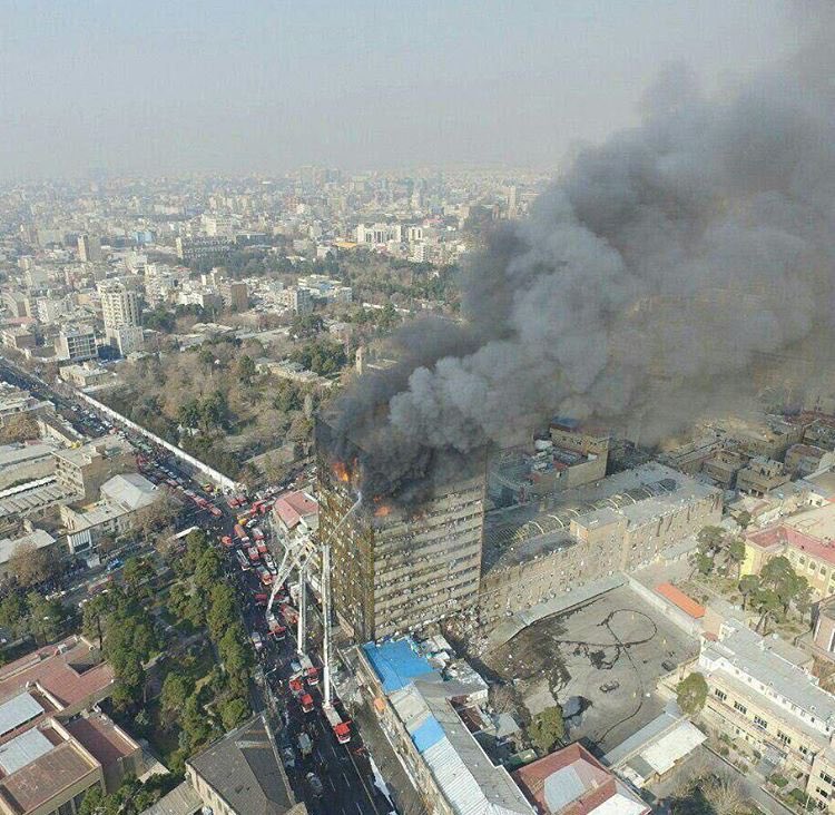 Aerial Shot Of Tehrans Plasco Building On Fire Before It Collapsed