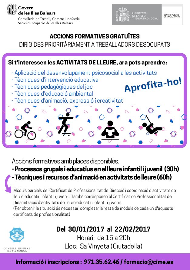 Et vols formar en l'àmbit del lleure? Al <a href="/ConsellMenorca/">Consell de Menorca</a> oferim 2 mòduls de dinamització/direcció de temps lliure. Informa't al 971356246