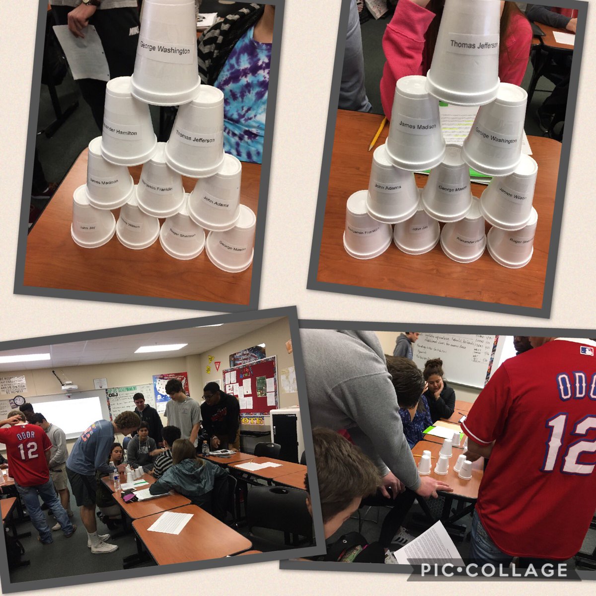 HolcombHawk's tweet photo. 2nd period #hawkgov building founding father pyramids! Great work! #heathlearns @sarahcookSS https://t.co/eij557VrkK