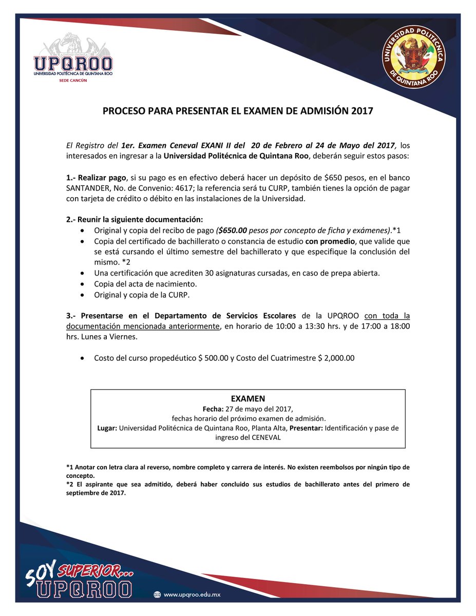 La Universidad Politécnica de Quintana Roo tiene un lugar para ti! Examen de admisión el próximo 27 de mayo #SoySuperiorSoyUPQROO