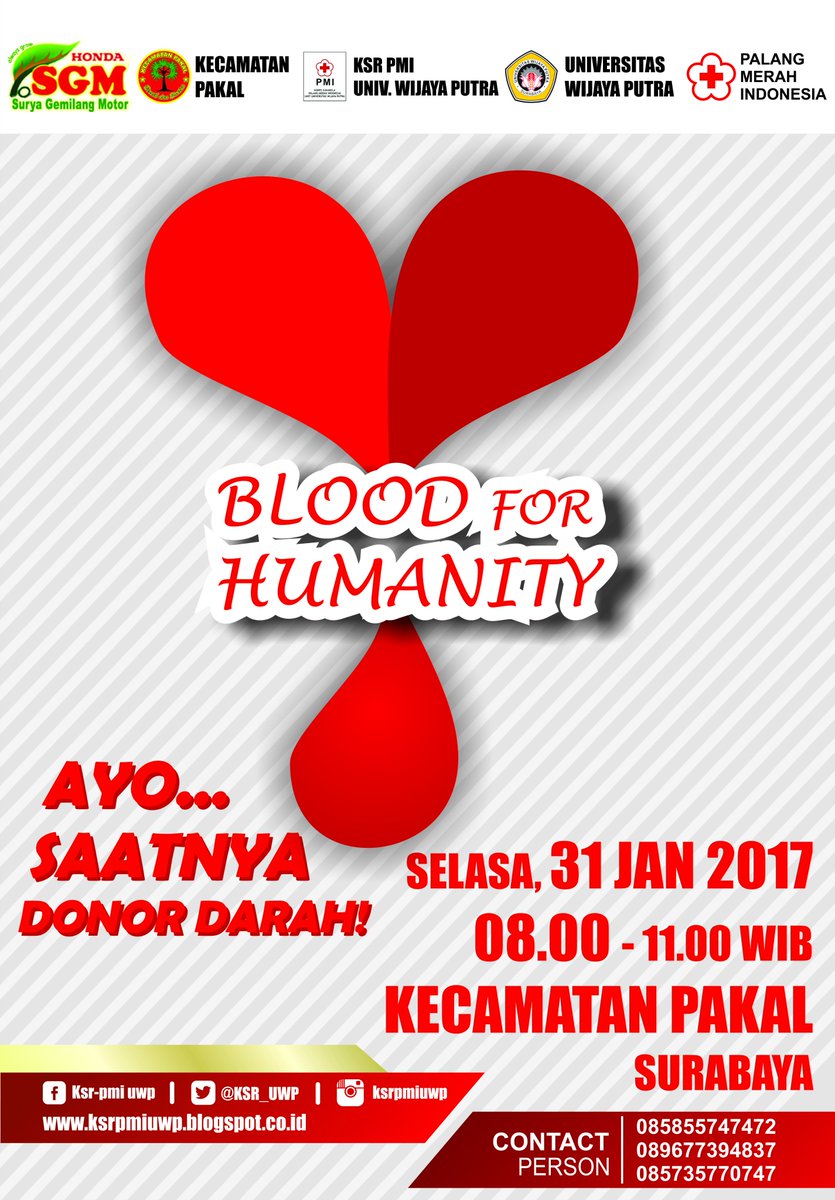 KSR_UWP's tweet photo. DonDar | 31 jan 2017 | 08.00-11.00WIB | aula Kec Pakal Surabaya | Info : @PdRakazia Thx | @PMI_Surabaya  @Blood4LifeID https://t.co/X5k6dziSxm