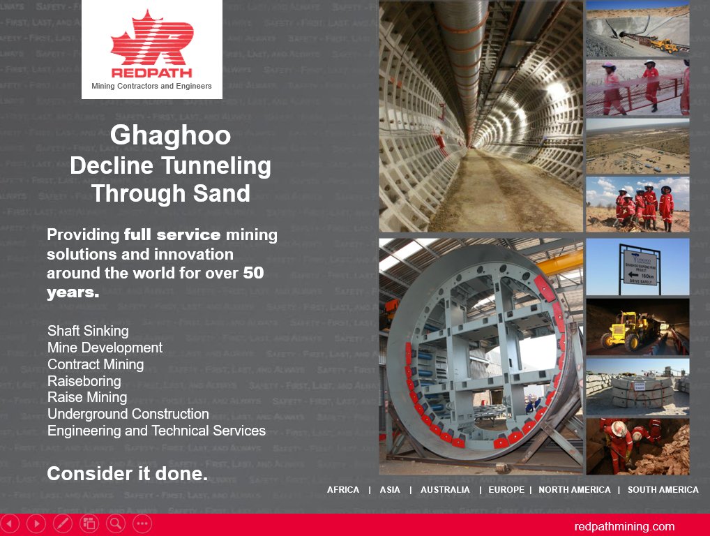 SAIMM1's tweet image. Lawrence Schultz, Operations Director, #RedpathMining currently presenting "Ghaghoo - Decline Tunneling Through Sand" at #WorleyParsons