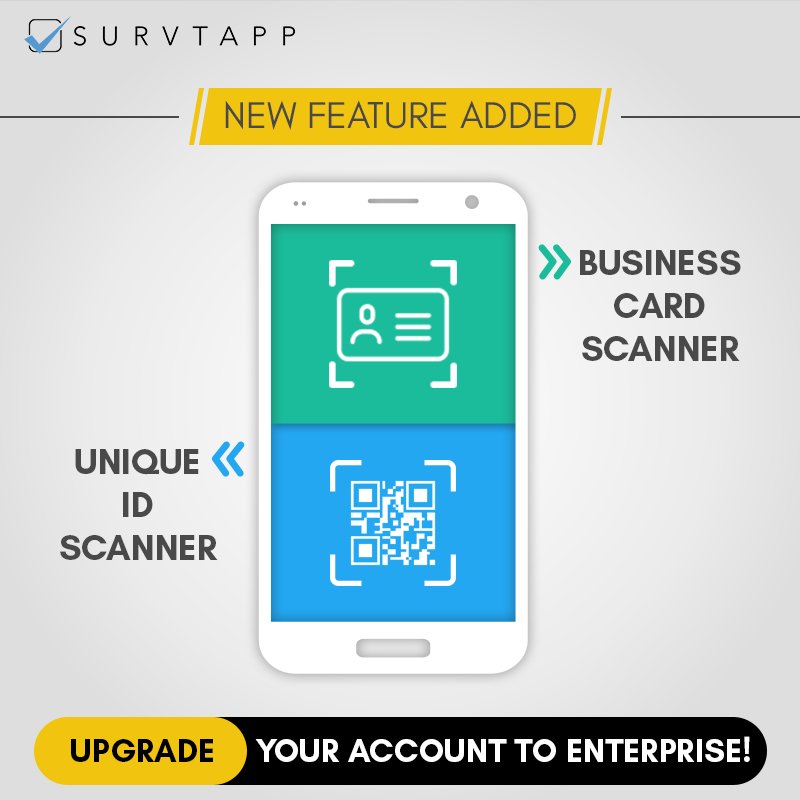 Survtapp's tweet image. Now save your time &amp;amp; effort while conducting surveys by using our new feature.
Update your app now!
#UniqueIdScanner #BusinessCardScanner.