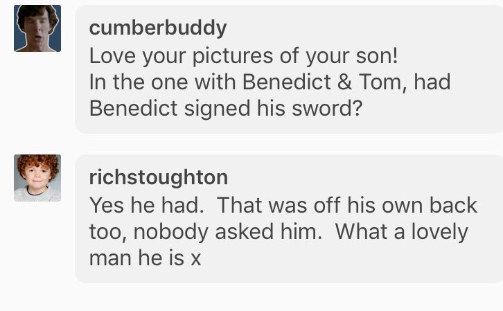 Cumberbuddy's tweet photo. Benedict and Tom, the cutest mini Sherlock! 
Benedict'd signed his sword "lovely to work with you xxx". *heart doubles in size* https://t.co/0AeGtaCr3C