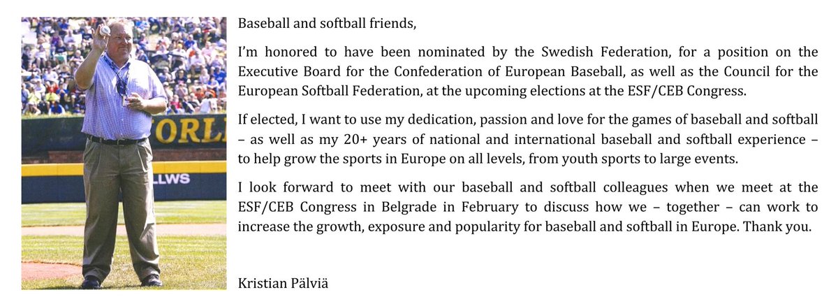 KPalvia's tweet photo. I hope to be a part of the development for @BaseballEurope @ESFsoftball in the future. Thanks to @svenskbaseboll for the nomination(s)! https://t.co/DvdYkH9uq2