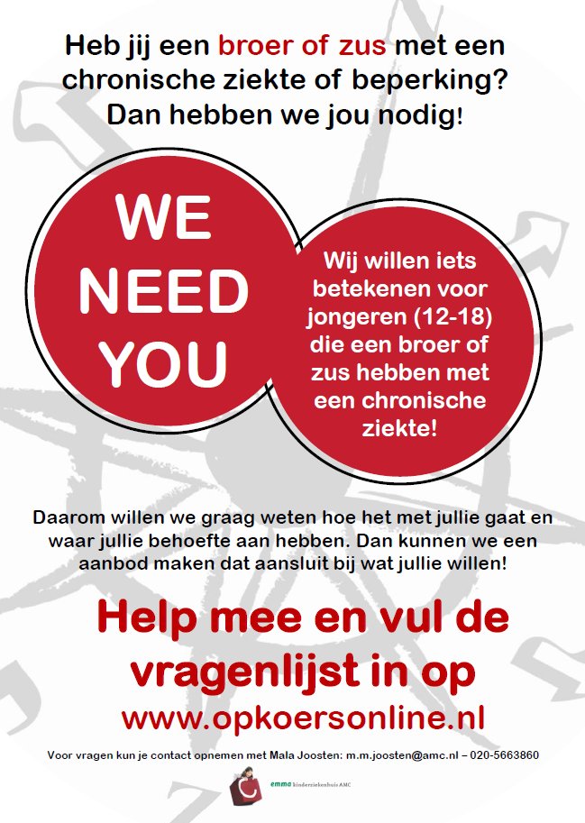 Heb je een broer of zus met ziekte of beperking? Wij zijn benieuwd naar hoe het met jou gaat en wat jij wil! tiny.cc/4nodiy