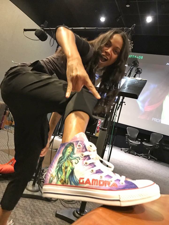MarvelStudiosCA's tweet photo. Check out the sweet Gamora kicks that Michael Rooker gave Zoe Saldana as a #GotGVol2 wrap gift. (via @JamesGunn) https://t.co/AWODte0aHB