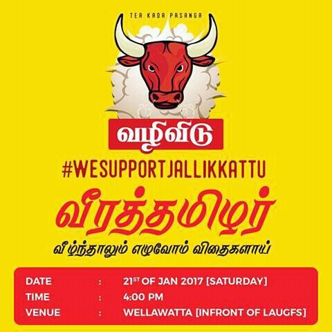 KangarajVinoth's tweet image. Protest will take place this Saturday at #Wellawatta starting from 4 pm onwards. 
#வீரத்தமிழர் #JusticeforJallikattu #WeSupportJallikattu