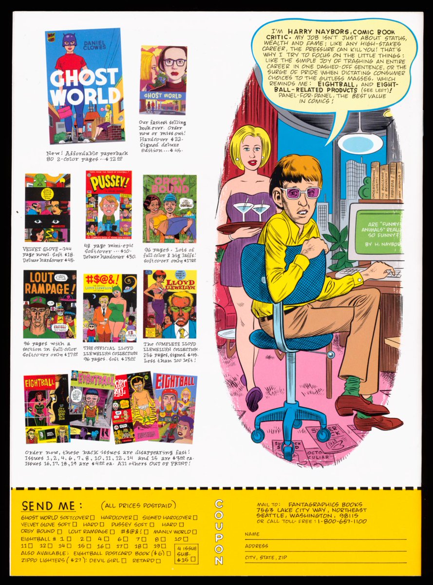 BilderUndWorte's tweet photo. Eightball #19 @fantagraphics May 1998 "The Yellow Streak Annual" #BackCover by Daniel Clowes https://t.co/hiqQDB4rO1 #Autorencomics https://t.co/clp8gK9xZH