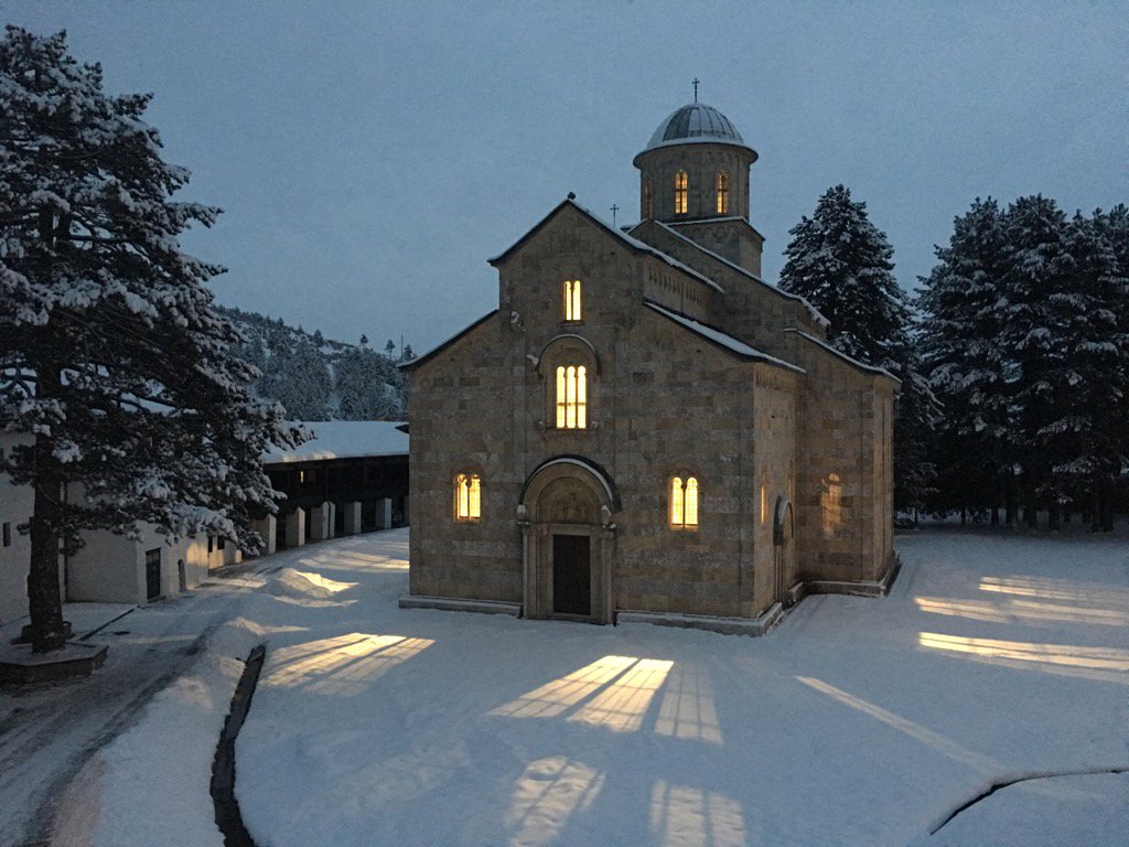 DecaniMonastery's tweet photo. Winter dusk at Visoki Dečani Monastery #Kosovo https://t.co/ev4f9xogm8