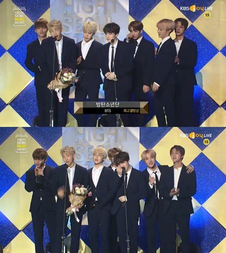theseoulstory's tweet photo. [#SeoulMusicAwards] BTS wins Album of the Year today, congrats! https://t.co/ZdiATrRDLS Park Seo Joon gave V a hug hohoho @BTS_twt https://t.co/PTgZtWa0kb