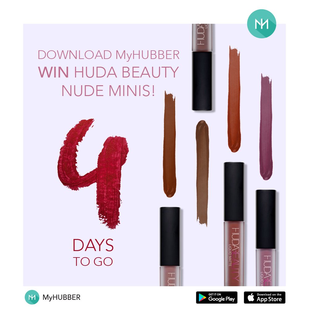 myhubber's tweet photo. Only 4 Days to go, download the MyHUBBER app now! Want to win the #irresistible #new #HudaBeauty #LiquidMatte #Minis #NudeEdition? https://t.co/d47h4PbMYe