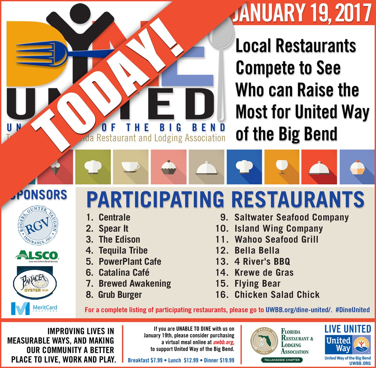 UWBigBend's tweet image. Please join us at a participating restaurant! Help your community! Thank You! #DineUnited #FRLAGivesBack @WCTV @UWBigBend @FRLAnews