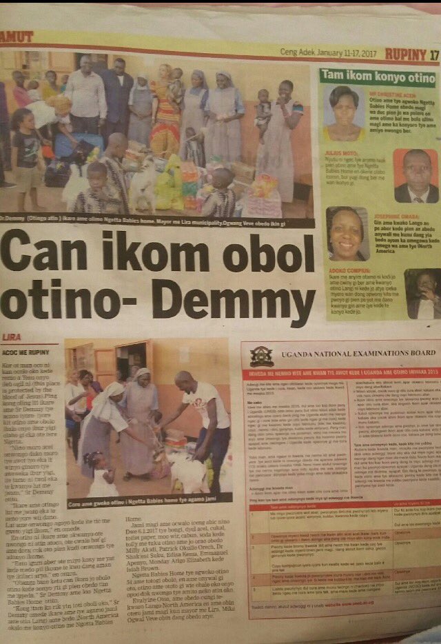 LangoCommunity's tweet photo. LCONA donates clothing, soap, food and cash to Ngetta Babies Home -Lira, Uganda on Jan 5th!  Article via Rupiny newspaper #ThursdayThought https://t.co/KZxM5MVyc3