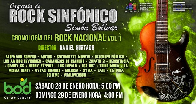 La <a href="/RockSinfonicoSB/">Rock Sinfónico S.B.</a> dirigda por <a href="/HurtadoDaniell/">Daniel Hurtado</a> presenta nuevamente: #CronologiaDelRockNacional el #28Ene y #29Ene en el @CCulturalBOD