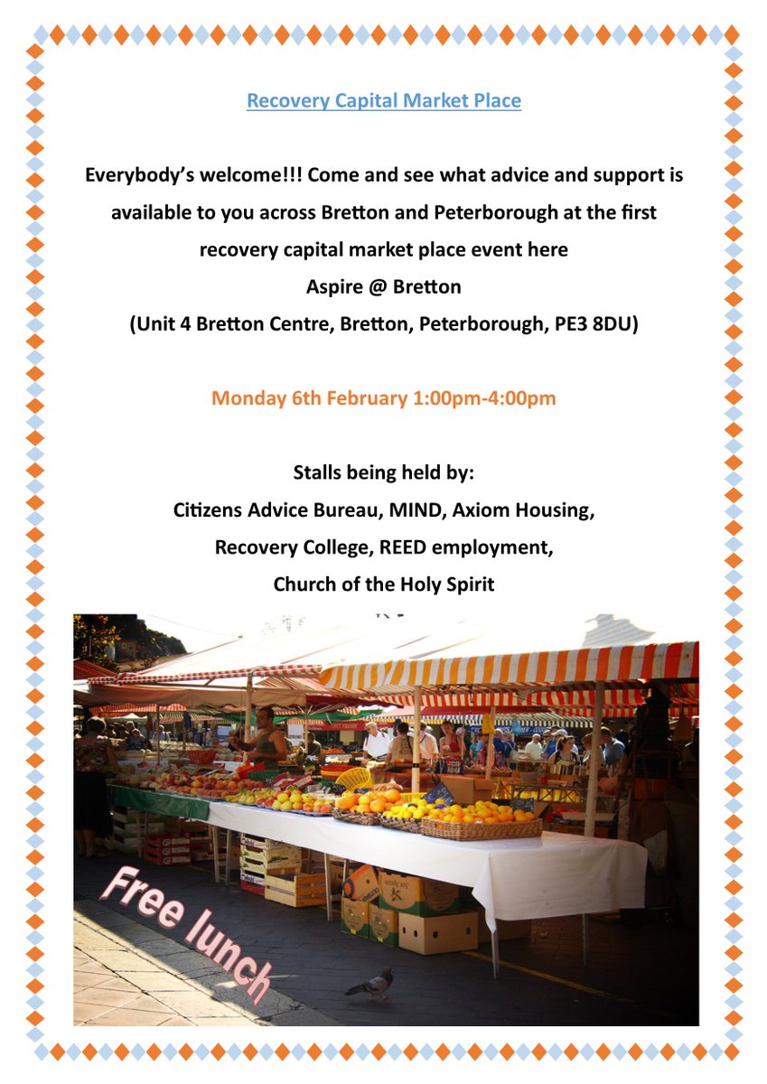 PFMind's tweet photo. Recovery Capital Market Place, Unit 4, Bretton Centre, Peterborough, 6th February 1pm-4pm https://t.co/Zs01Wl24Dj
