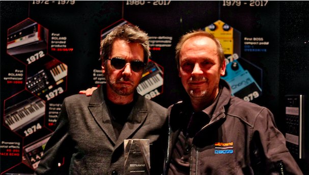 Fun  times yesterday during Roland Lifetime Achievement Awards @ NAMM. Very  proud to be presenting the award to Jean-Michel Jarre.