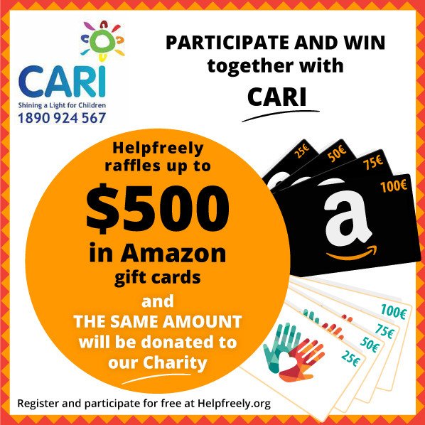 cari_ie's tweet photo. Helpfreely raffles $520 in Amazon gift cards. If you win, we will receive Donations for the same amount https://t.co/lPKGOouY48 #WinAndHelp https://t.co/ExwZ84x0T3