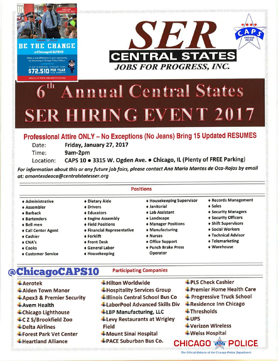 ChicagoCAPS10's tweet photo. 6th Annual Central States SER Hiring Event 2017/CPD recruitment will be hosted in the 10th District Community room. January 27, 2017 9am-2pm https://t.co/p8uMLEBFix