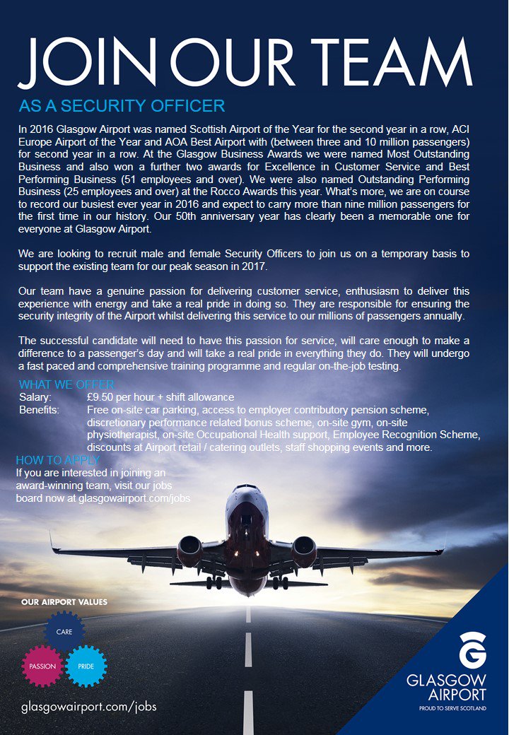 GLA_Airport's tweet photo. We're hiring! If you're interested in joining our award-winning team check out our latest vacancies. https://t.co/hSh4cPsB7E