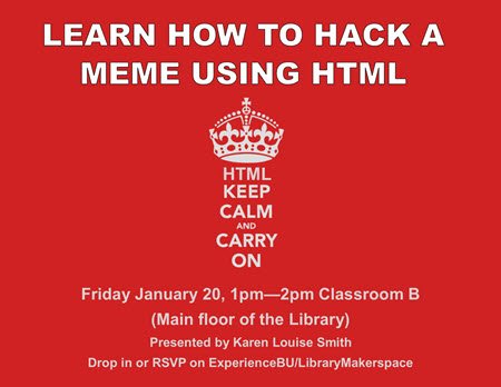 brock_library's tweet photo. Bring your laptop & your curiosity to our Hack a Meme workshop by@smithisgeneric Drop in or RSVP at https://t.co/hjitaazY9Z #brocklibmakes https://t.co/82HjAvAQ6n