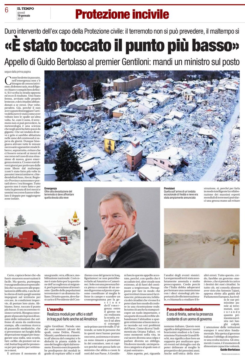 EGardini's tweet photo. #Bertolaso su Il Tempo: "Toccato il punto più basso"
Sisma non si può prevedere maltempo si! 
Sgomenti per l'assenza dello #Stato
#Terremoto https://t.co/QOt8cqRkrA