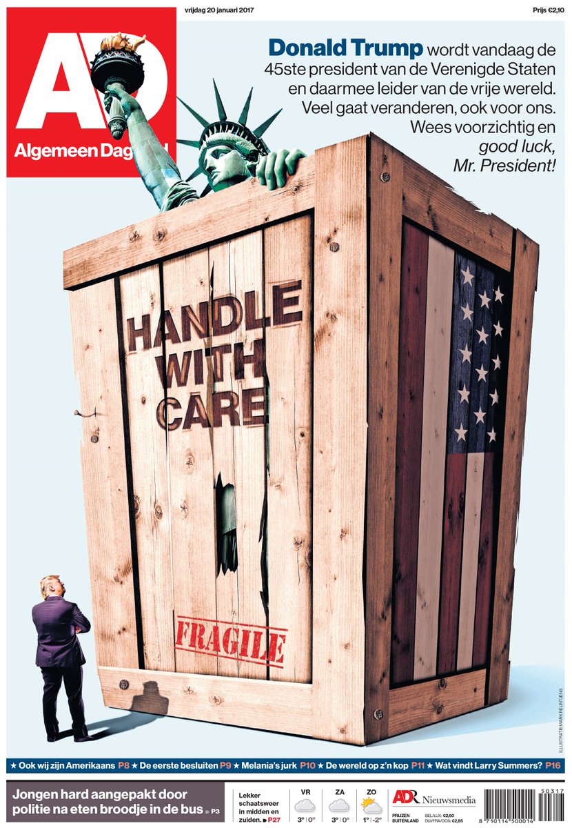 Morgen begint Donald Trump aan wat ongetwijfeld een bijzonder presidentschap gaat worden. Vandaar deze bijzondere voorpagina van het AD