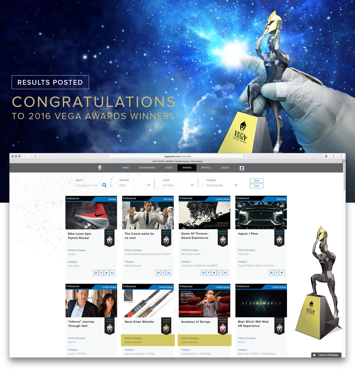 stellarinteract's tweet image. Stellar awards for Stellar work with Stellar clients. @IAA_Awards @NanoEndo @AcademyofString We're in some great company here! #FTW