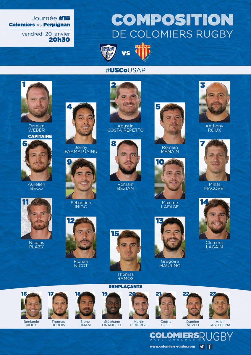#USCoUSAP voici la #compo de Colomiers Rugby qui recevra demain l'<a href="/usap_officiel/">USAP</a> à 20h30 au stade Michel Bendichou … #AllezColomiers !