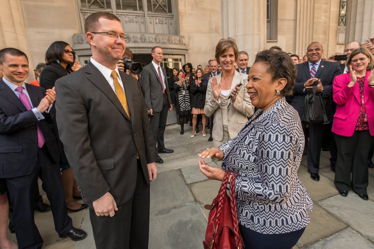 Loretta E. Lynch at the Department of Justice on her first day as Attorney General.