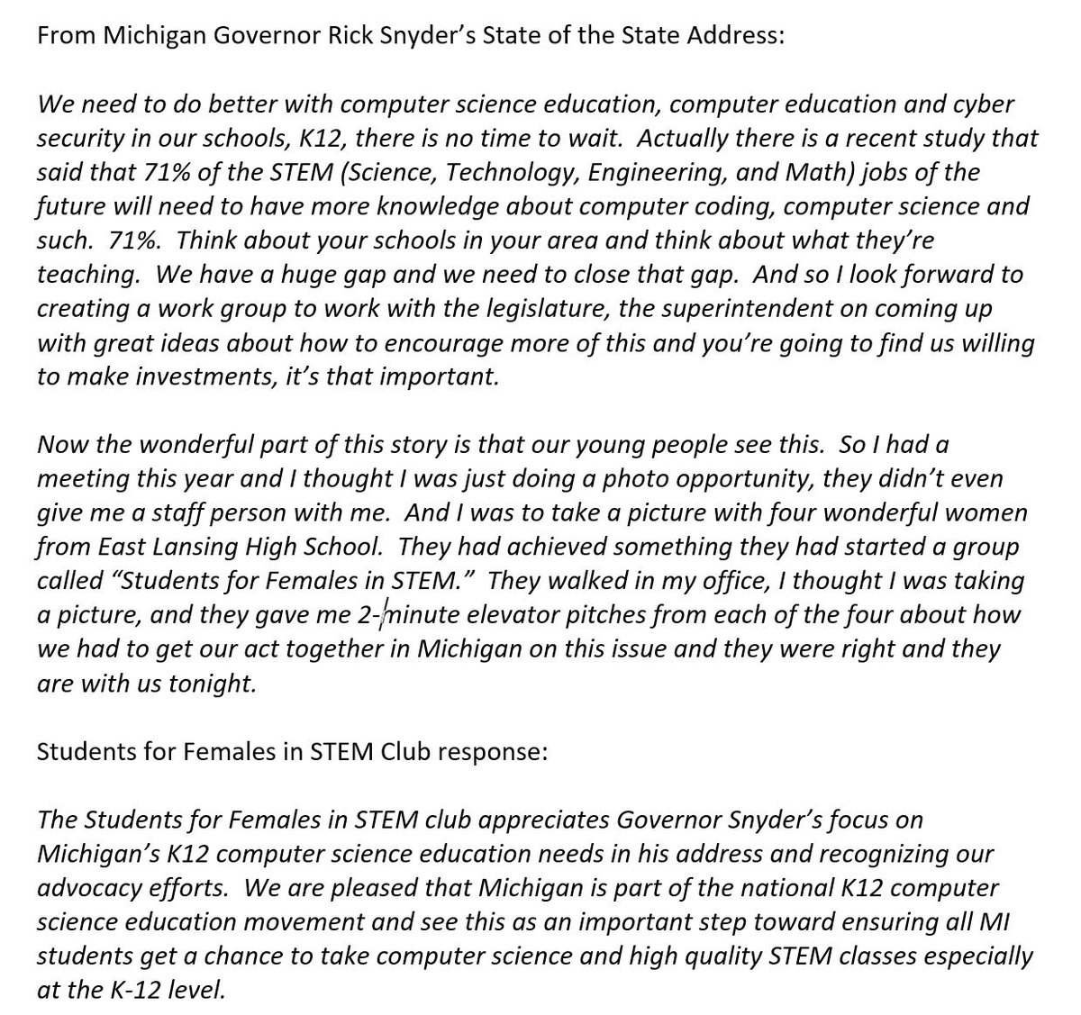 EastLansingSFS's tweet photo. Thank you @ELPSsuper for your support of SFS!  We are thrilled Governor Snyder highlighted need for K12 CS &amp; SFS advocacy in Tues address! https://t.co/ZtmtyCHiaW