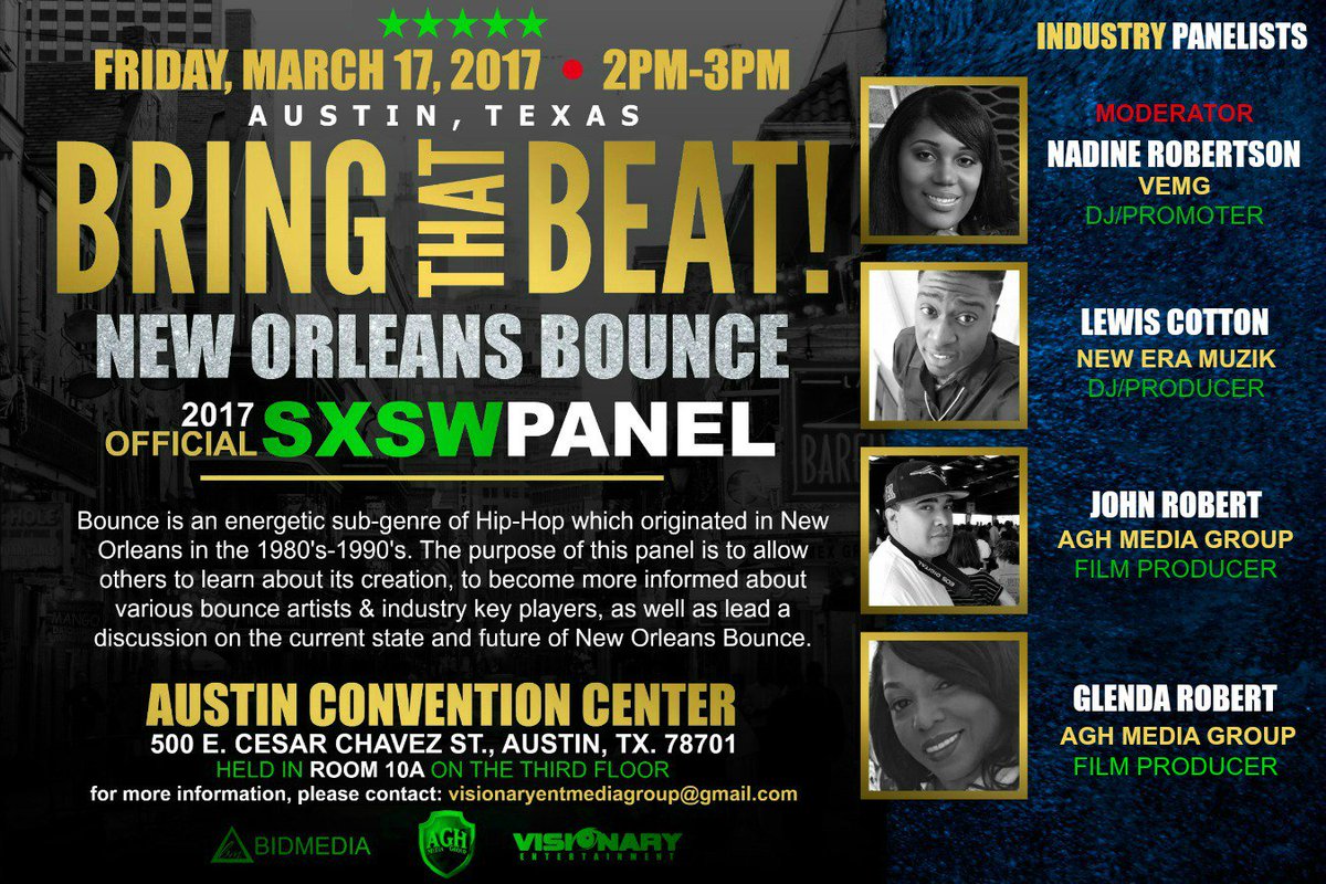 iamdjnola's tweet photo. DJ NOLA RETURNS TO SXSW TO MODERATE "BRING THAT BEAT!" NEW ORLEANS BOUNCE PANEL #bringthatbeat #sxsw2017 https://t.co/rcDMrlNvhX