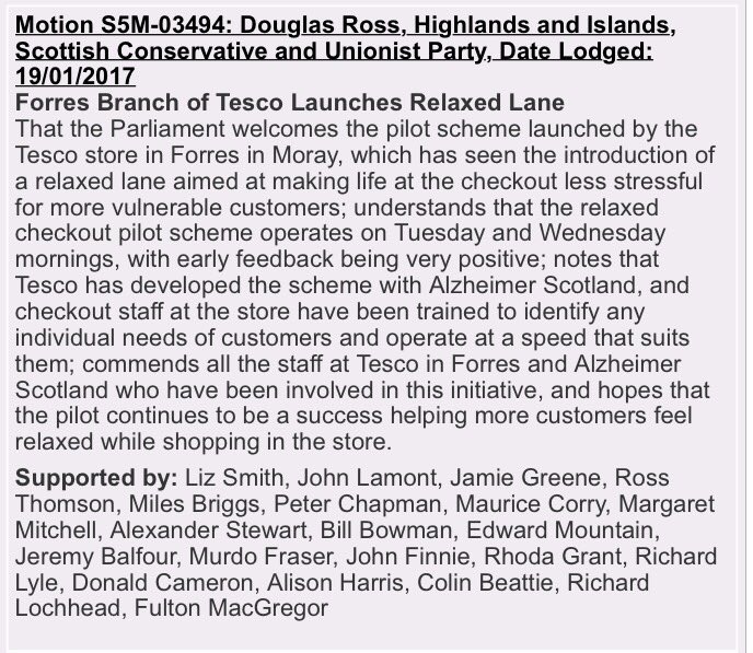 Douglas4Moray's tweet photo. I was pleased to highlight in @ScotParl this initiative by @tesco_forres and @alzscot  Great idea and hope others now follow their lead. https://t.co/k4w4Yn11Sa