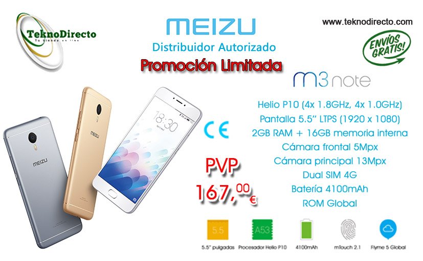 TeknoDirecto's tweet photo. ¡Oferta #Meizu #M3Note de 16GB por sólo 167€ con envío gratis! Idioma español.Garantía en #España. Cómpralo en https://t.co/V7nCrs3jwD https://t.co/H90H3NwKTR