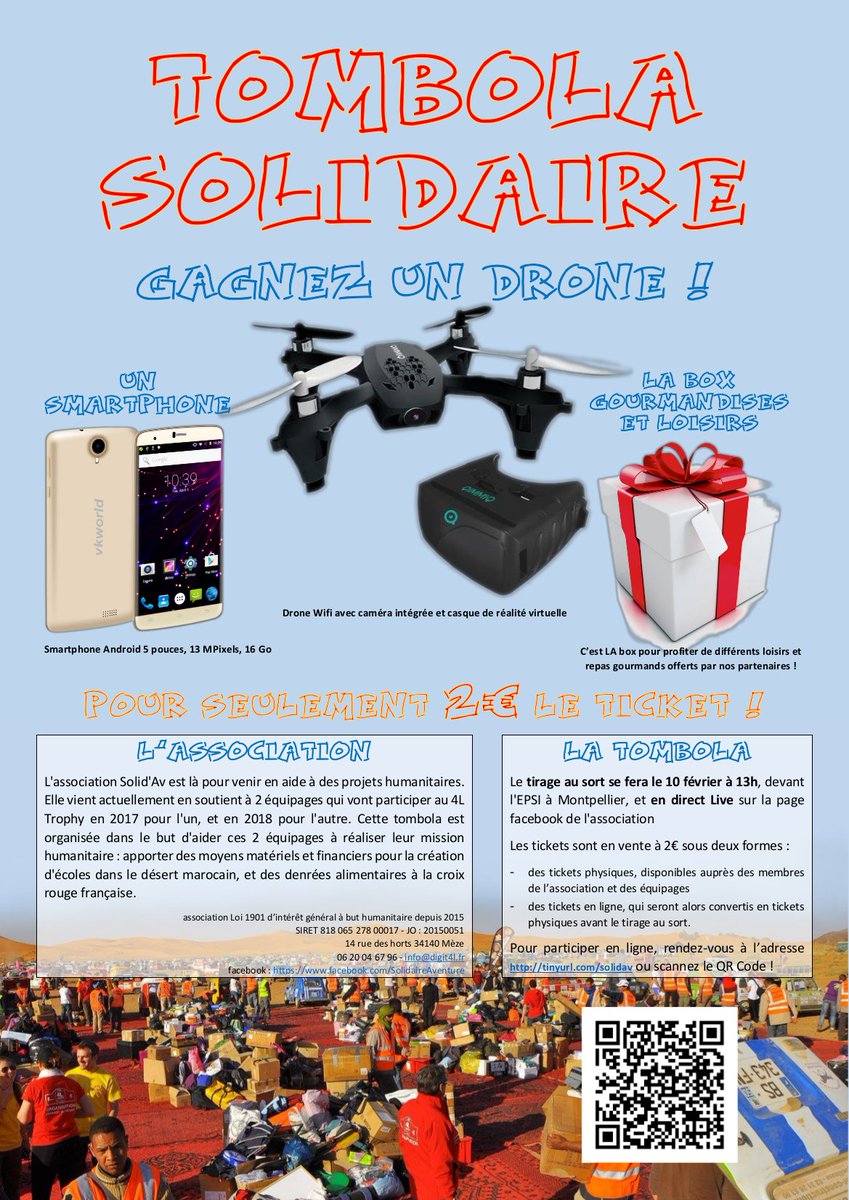 Digit4LTrophy's tweet photo. Notre première Tombola Solidaire !
Gagnez un drône et un smartphone tout en soutenant 2 équipages du @4L_Trophy !
https://t.co/5ge2RnrJFr https://t.co/ZNHiMElvFt
