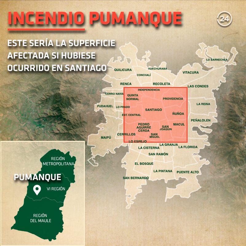 24HorasTVN's tweet photo. Incendio #Pumanque: Ésta sería la superficie afectada si hubiese ocurrido en Santiago → https://t.co/2X4r3KgI1X https://t.co/ZF9wo5y08L