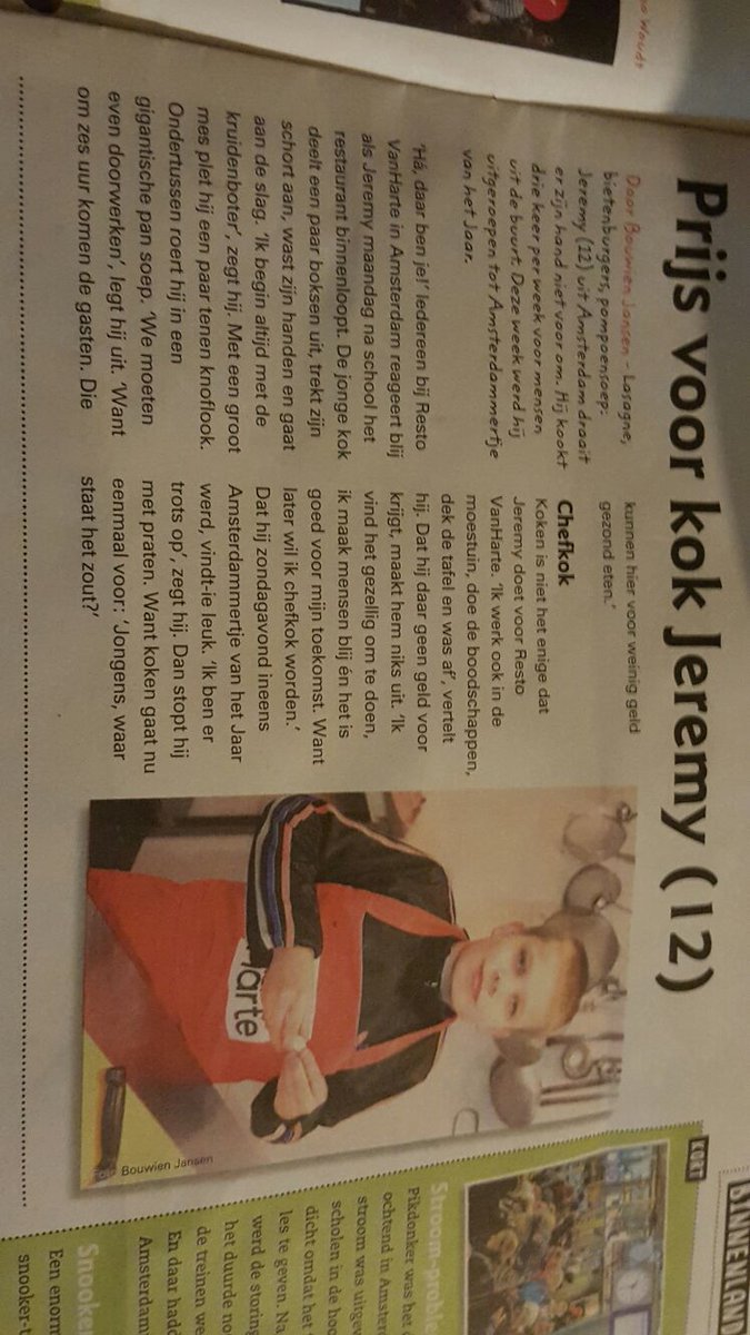 Leuk artikel <a href="/KidsweekNL/">Kidsweek</a> over winnaar Jeremy: hij is trots op de prijs, maar het eten moet ook weer op tafel in <a href="/RestoAmsterdam/">VanHarte Amsterdam</a>! <a href="/AvhJ_jr/">Amsterdammertje van het Jaar</a>