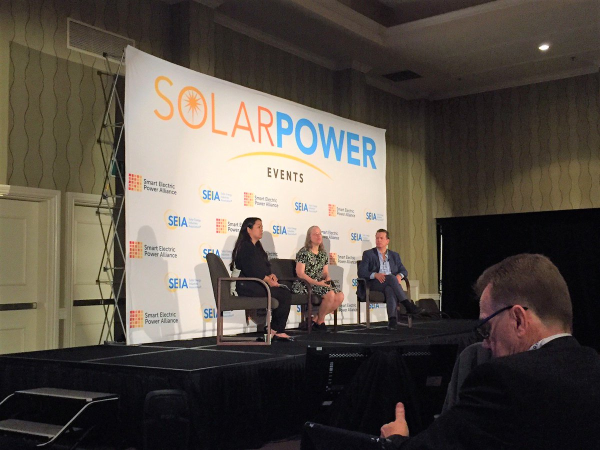 SEIA's tweet photo. SEIA's Evelyn Butler, along with Tom Starrs of @SunPower and Sarah Kurtz of @NREL, kick off the opening session at #SolarAMP! #SolarIsNow https://t.co/hvqwMr076x